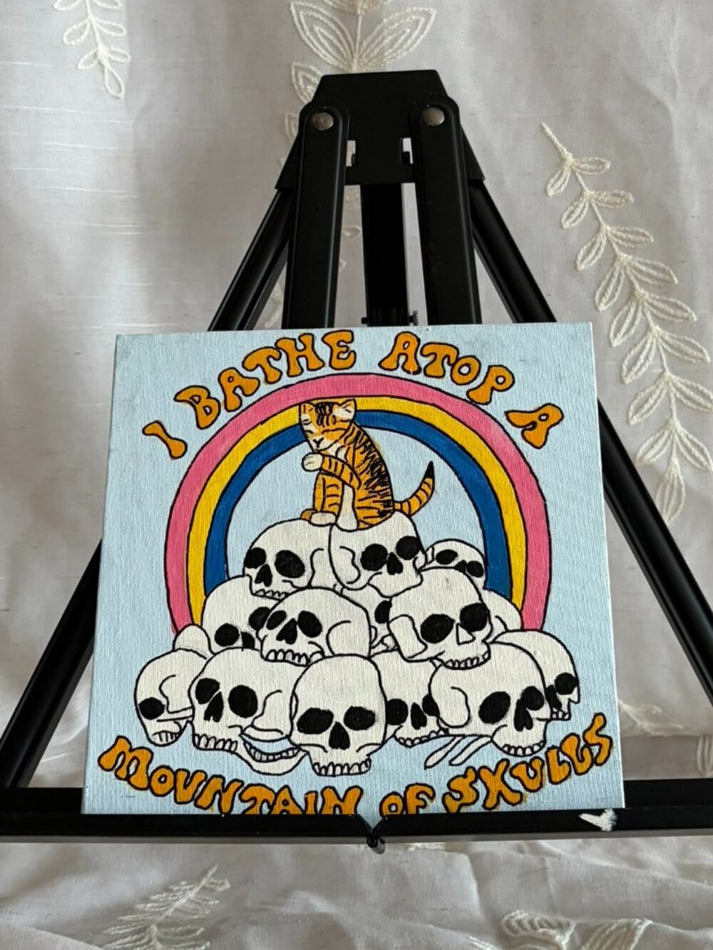 Hand Painted Cat Mountain of Skulls Rainbow Canvas 8x8